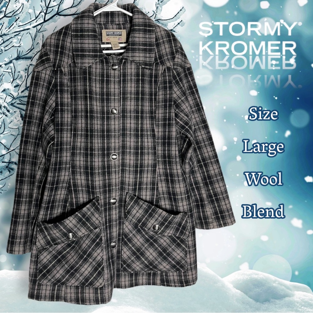 Stormy Kromer Coat Gray Plaid Wool Blend  Jacket  Pockets Size Large